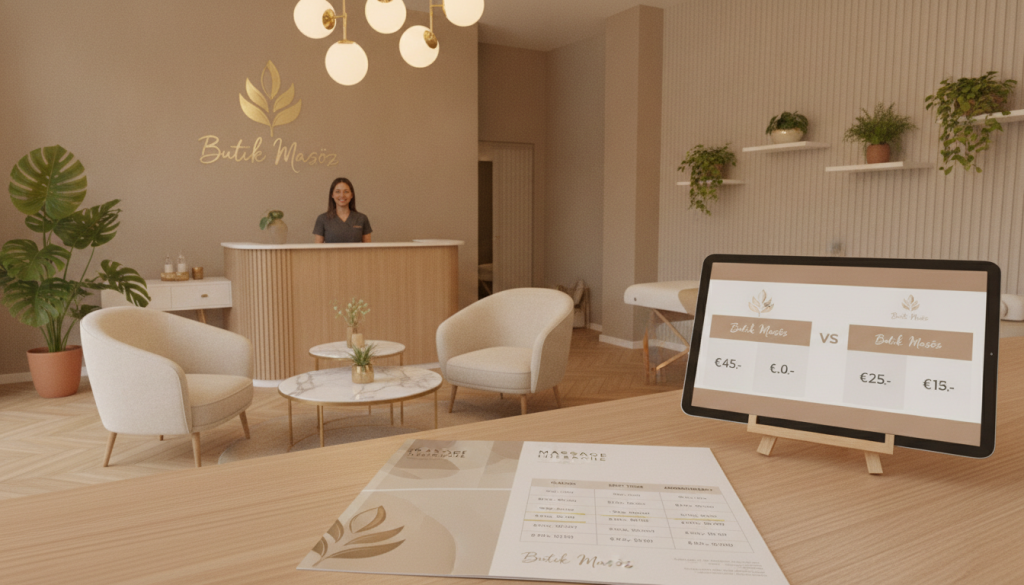 A chic and modern massage salon interior, showcasing a price comparison display on an elegant wooden counter. In the foreground, a visually appealing brochure with various price points for massage services, highlighting different options like classic, deep tissue, and aromatherapy. The middle ground features a stylish and welcoming reception area with comfortable seating and calming decor, including soft, neutral colors and plants. The background shows soft lighting emanating from warm, pendant lamps, creating a cozy atmosphere. The brand name "Butik Masöz" is subtly integrated into the design elements around the salon. Use a slightly elevated angle to capture the entire ambiance, emphasizing comfort and professionalism in this serene space. The overall mood is inviting and relaxing, perfect for conveying the essence of price comparison in massage services.