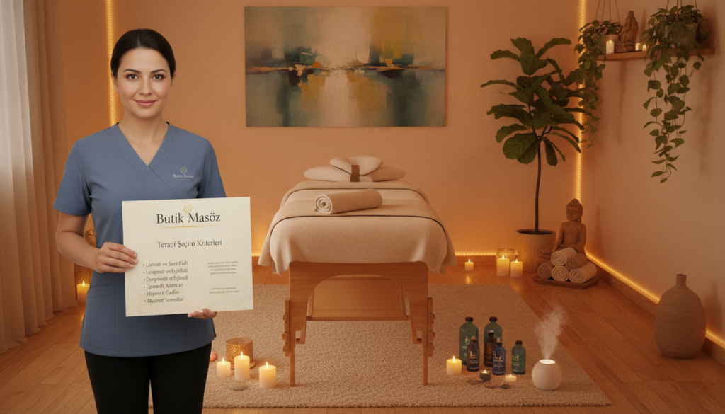 A cozy and inviting in-home massage therapy room, featuring soft, ambient lighting that creates a relaxing atmosphere. In the foreground, a professional massage therapist, depicted in modest, professional attire, is presenting a brochure titled "Butik Masöz" with key criteria for choosing a therapist. In the middle, a comfortable massage table is neatly arranged, surrounded by soothing candles and essential oils, symbolizing tranquility. In the background, calming artwork and green plants enhance the peaceful environment. The room is well-organized and clutter-free, exuding an air of professionalism and comfort, inviting potential clients to explore the selection criteria for a massage therapist. The image is warm, inviting, and emphasizes a sense of trust and relaxation.