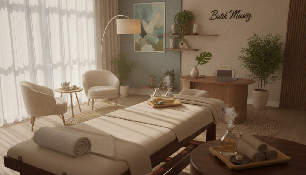 A cozy and inviting interior of "Butik Masöz" massage salon, featuring a serene atmosphere. In the foreground, a polished wooden massage table draped in soft, neutral linens. To the side, calming essential oil diffusers and neatly arranged towels. The middle section shows a tastefully designed reception area with welcoming plants and stylish decor, including soothing artwork on the walls. The background displays a softly lit relaxation corner with plush seating and ambient lighting, creating a tranquil environment. The image should convey a sense of calm and professionalism, with natural light streaming in through large windows. Capture this scene from a slightly elevated angle to encompass the entire space, focusing on a warm and inviting color palette.