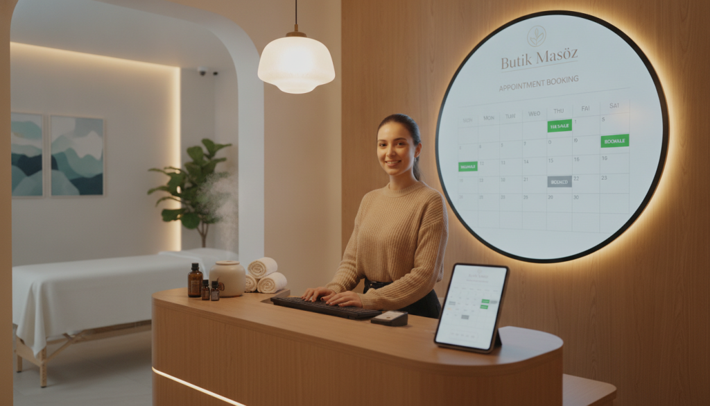 A modern and inviting massage appointment scheduling scene for the brand "Butik Masöz". In the foreground, a welcoming reception desk with a friendly professional attendant in modest casual clothing, ready to assist clients. The middle ground features a beautifully designed calendar and a digital screen displaying available time slots for massage appointments. Soft lighting creates a calming atmosphere, highlighting elements like soothing essential oils and plush towels. In the background, a serene treatment room can be glimpsed, adorned with plants and calming art. The overall mood is relaxing and professional, conveying a sense of care and attention to clients' well-being, perfect for illustrating the importance of careful scheduling when booking a massage appointment.