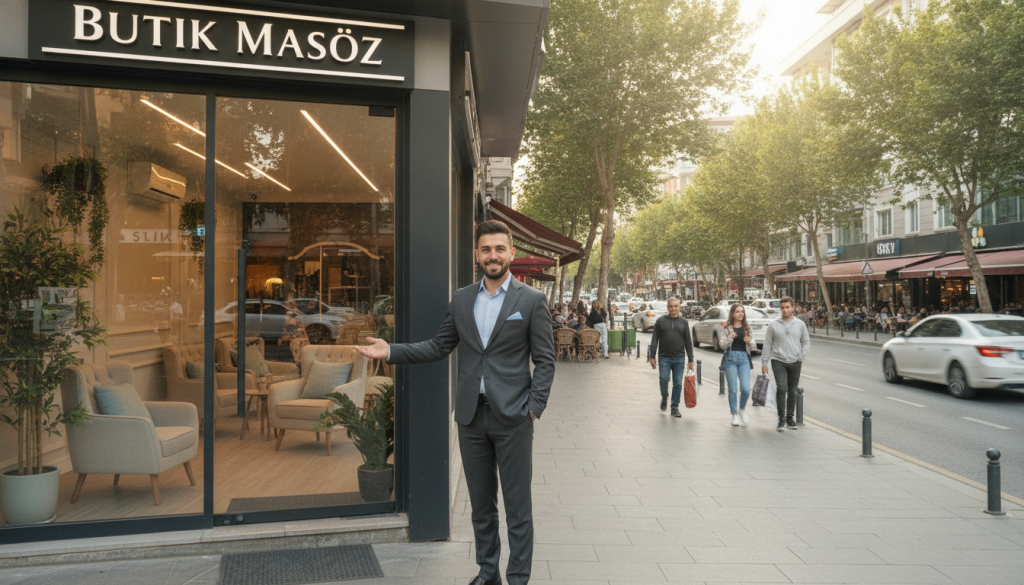 A modern street scene in Beylikdüzü, showcasing the exterior of a massage salon named "Butik Masöz". In the foreground, a welcoming entrance with large glass windows displaying elegant decor and soothing colors. A well-dressed male therapist stands outside, greeting visitors with a friendly smile, wearing professional attire. In the middle ground, a bustling street with pedestrians walking by, some stopping to glance at the salon. Background features a vibrant urban landscape with nearby cafes and greenery, conveying a lively atmosphere. Soft afternoon sunlight filters through the trees, casting a warm glow on the scene, enhancing the inviting vibe of the neighborhood.