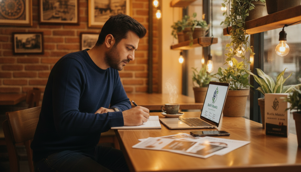 A person conducting research on massage therapists in Beyoğlu, thoughtfully examining a laptop in a cozy, well-lit café setting. The foreground features the individual, a man in smart casual attire, focused and taking notes, with a cup of coffee beside him. In the middle ground, a table displays brochures and a smartphone with the "Butik Masöz" logo visible on the screen. The background portrays soft lighting, with leafy plants and rustic décor creating a welcoming atmosphere. Warm tones enhance a relaxed, contemplative mood, suggesting a professional yet approachable environment. The image should capture the essence of finding the right massage therapist, emphasizing diligence and care in the selection process.