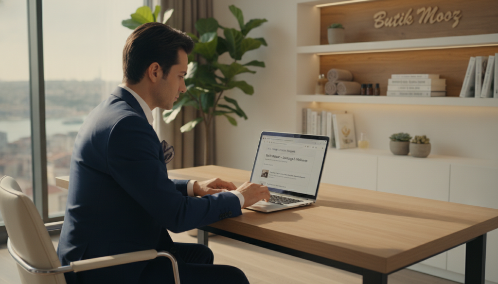 A professional-looking individual, dressed in neatly pressed business attire, is seated at a bright, modern desk in a stylish office. They are engaged in an online search for massage services in Beşiktaş, displaying a focused expression as they analyze the information on their laptop. Soft natural light filters through a large window, illuminating the space with a warm glow that enhances the inviting atmosphere. Shelves with neatly organized books and massage-related materials can be seen in the background, alongside a subtle hint of greenery from indoor plants. This setting reflects sophistication and professionalism, embodying the search for quality massage services. The brand name "Butik Masöz" is subtly featured in the background decor as part of the ambiance. The image captures the essence of exploring options for finding a massage therapist in Beşiktaş.