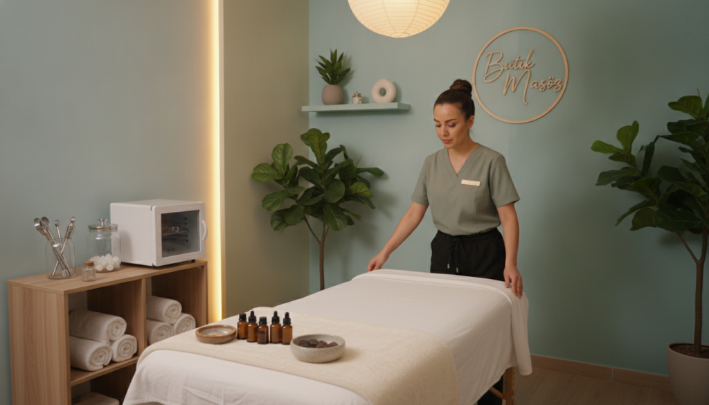A professional massage therapy room reflecting high hygiene standards. In the foreground, a neatly arranged massage table covered with fresh, white linens and essential oils. A clean, well-organized shelf holds sanitized tools and towels. In the middle ground, a qualified female masseuse wearing a tasteful uniform focuses on preparing the space, demonstrating professionalism and care. The background features soft, calming colors and ambient lighting to create a serene atmosphere, with elegant decorations such as plants. The room is designed to convey a sense of safety and comfort, embodying the values of "Butik Masöz". The composition should emphasize cleanliness and professionalism, captured from a slightly elevated angle for a comprehensive view of the space. Soft shadows and warm lighting enhance the inviting mood.