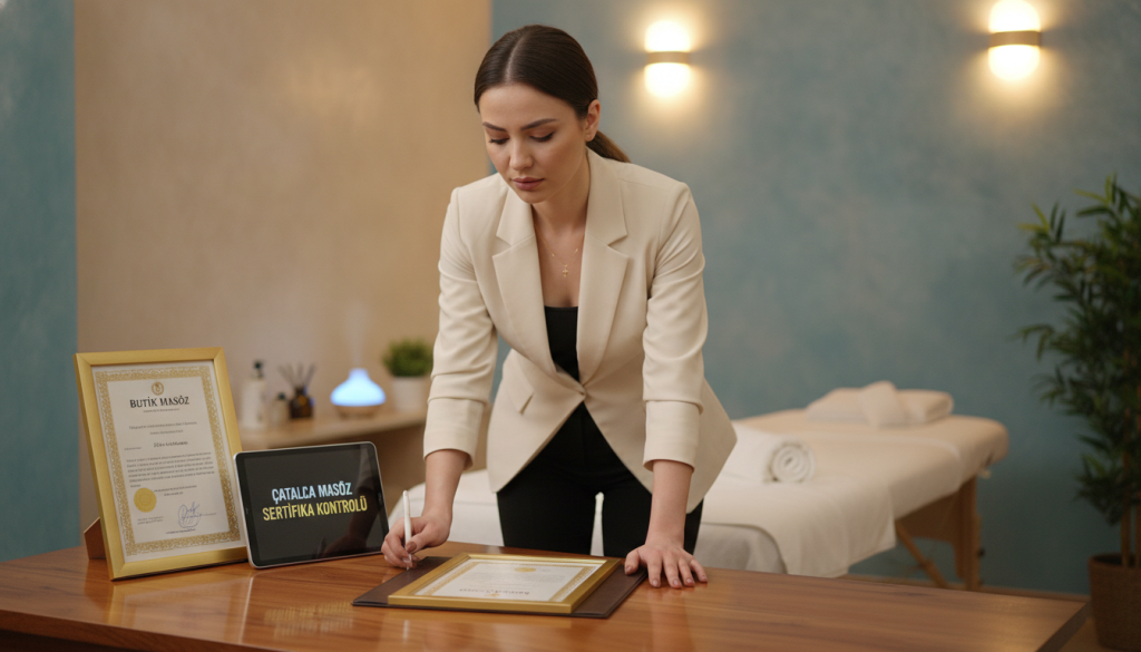 A professional setting showcasing a "Çatalca masöz sertifika kontrolü" scene. In the foreground, a well-organized desk displays a neatly arranged certification and diploma from "Butik Masöz", signifying the qualifications of a massage therapist. The middle ground features a qualified female massage therapist in a smart business outfit, examining the certificate with a thoughtful expression, showcasing professionalism. In the background, a calm and serene massage therapy room can be seen, adorned with soft lighting and soothing colors. The atmosphere is one of trust and professionalism, with warm tones and gentle shadows highlighting the space. The focus should be soft yet clear, reminiscent of a well-composed photograph taken in a welcoming spa environment.