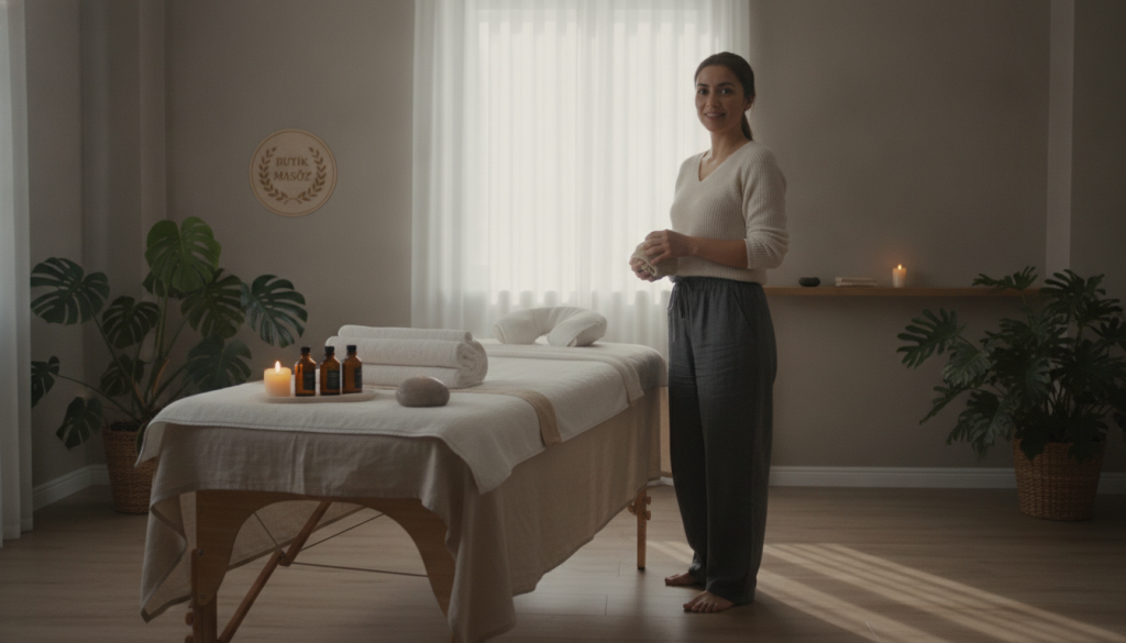 A serene and calming home massage setting in Ataşehir. In the foreground, a well-arranged massage table with clean, soft linens is centered, inviting relaxation. A gently lit candle and essential oils are placed nearby, adding a touch of warmth and tranquility. In the middle ground, a professional massage therapist dressed in modest casual clothing prepares for the session, demonstrating a confident and inviting demeanor. The background features a softly lit room with neutral colors, plants for ambiance, and a window allowing natural light to filter in, enhancing the peaceful atmosphere. The mood is soothing, reflecting the importance of timing in relaxation. Include the logo of "Butik Masöz" subtly in the scene to represent the brand focus.