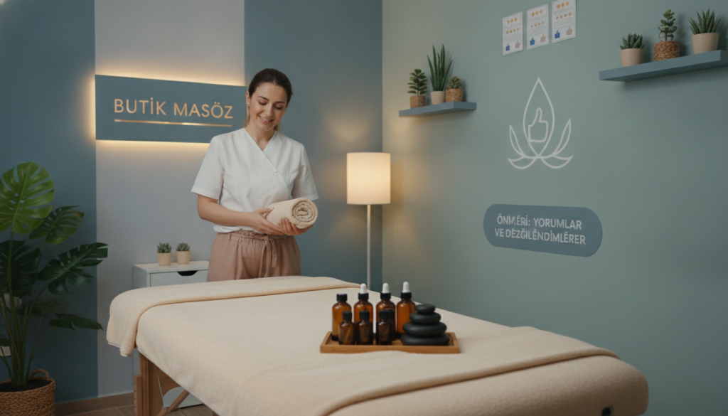 A serene and inviting home massage environment in Başakşehir, showcasing a cozy and well-decorated room. In the foreground, a professional massage table is draped with soft, neutral towels. On the table, essential oils and soothing stones are artfully arranged, creating a tranquil atmosphere. In the middle ground, a skilled massage therapist, dressed in modest and professional attire, is preparing for a session, demonstrating a warm and welcoming demeanor. In the background, soft ambient lighting glows, highlighting calming colors on the walls, while potted plants and gentle decor enhance the relaxing vibe. The overall mood is peaceful and professional, emphasizing the importance of reviews and evaluations in selecting massage services like those offered by Butik Masöz.