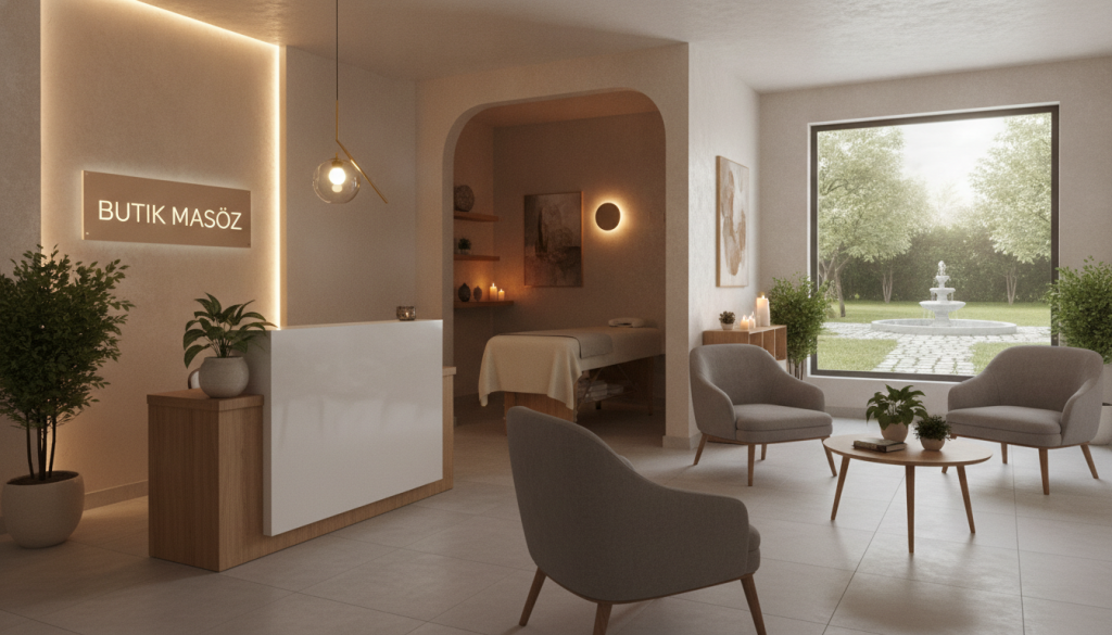 A serene and inviting image of a modern massage therapy salon named "Butik Masöz" situated in Esenyurt. The foreground features a welcoming reception area with a sleek counter and comfortable seating, adorned with green plants and soft lighting. The middle of the scene highlights a tranquil massage room with an inviting massage table, ambient lighting, and relaxing decor that includes soothing artwork and candles. In the background, a subtle window view reveals a peaceful outdoor setting, creating an atmosphere of calmness. The lighting is soft and warm, enhancing the inviting ambiance of the salon, while the overall mood conveys trust and professionalism, ideal for someone looking to find a reliable massage therapist.