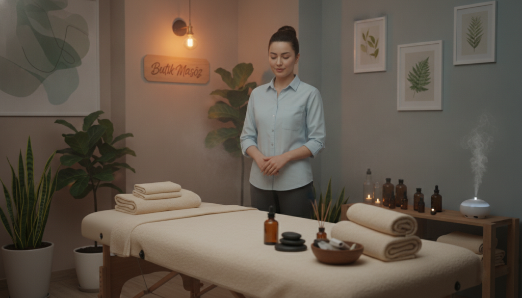 A serene and inviting interior of a professional massage parlor named "Butik Masöz" in Bağcılar. In the foreground, a massage table is elegantly set up with soft towels and soothing aromatherapy oils; calming dim lighting casts a warm glow over the space. In the middle ground, a trained massage therapist, wearing professional attire (a simple, modest shirt and pants), gently prepares for a session, exuding a sense of tranquility and professionalism. The background showcases soft, neutral-toned walls adorned with relaxing artwork and indoor plants that enhance the peaceful atmosphere. The overall mood is one of relaxation and comfort, suggesting a perfect getaway for stress relief. The composition should be inviting, encouraging viewers to explore the services offered.