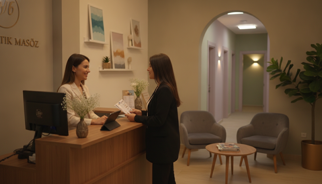 A serene and inviting interior scene of a professional massage therapy booking process at "Butik Masöz" in Ataşehir. In the foreground, a neatly organized reception desk with a friendly receptionist, dressed in smart business attire, engaging with a client. The middle features a comfortable waiting area with plush seating, soft lighting, and calming decor such as plants and soothing artwork. In the background, a glimpse of therapy rooms with peaceful, muted colors and soft lighting to create a relaxing atmosphere. The overall mood should be warm and welcoming, conveying a sense of professionalism and relaxation. Use a soft focus lens effect to enhance the tranquility of the setting.