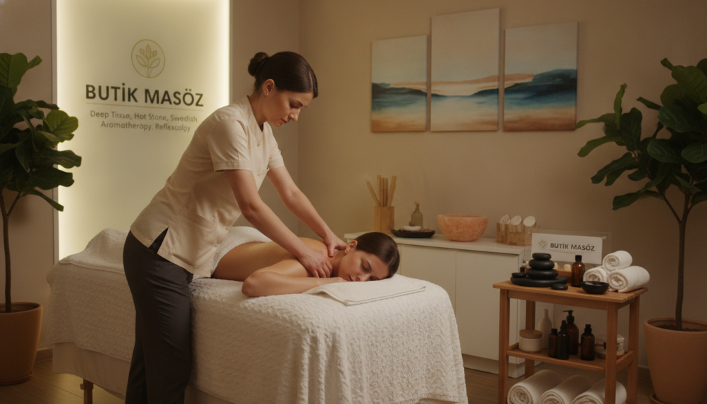 A serene and inviting massage room showcasing various massage techniques under soft, warm lighting. In the foreground, a professional massage therapist, dressed in smart casual attire, demonstrates deep tissue massage on a massage table with plush linens. The middle ground features a display of massage tools, such as stones, oils, and towels, elegantly arranged. In the background, calming elements like potted plants and tranquil artwork enhance the relaxing atmosphere. The room is designed to reflect the professionalism of "Butik Masöz," emphasizing the different types of massage services available. The image captures a harmonious blend of relaxation and professionalism, inviting viewers to explore the varieties of massage offered.