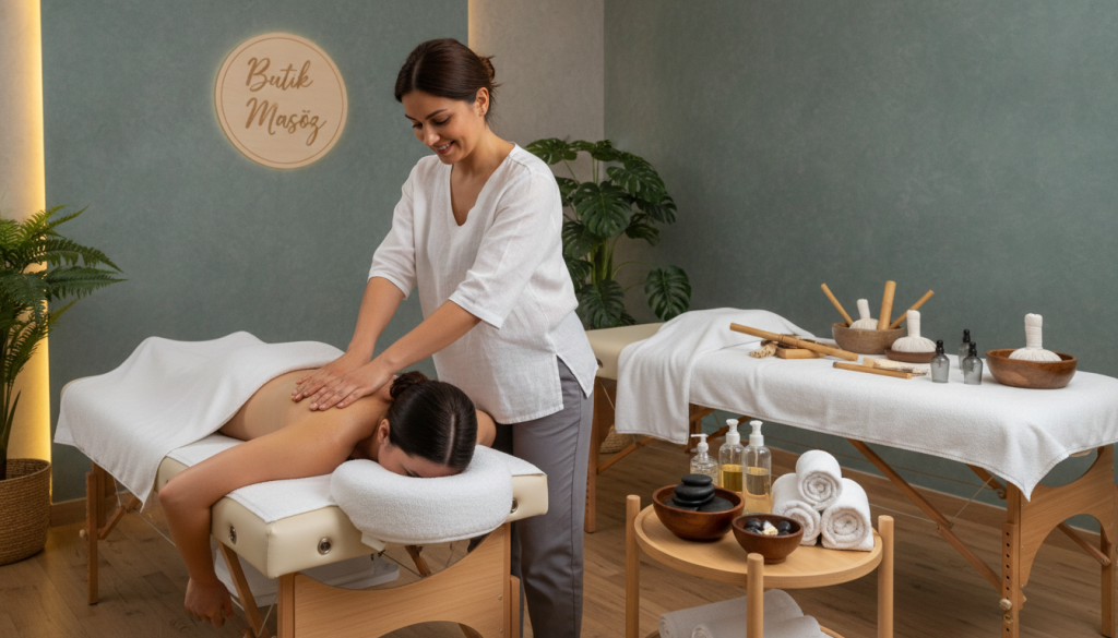 A serene and inviting massage therapy room designed to showcase various massage techniques. In the foreground, a professional massage therapist, dressed in smart casual attire, demonstrates a massage technique on a client, who is comfortably covered with a towel. The middle section features an array of massage equipment such as oils, stones, and a massage table. In the background, soft, ambient lighting enhances the calming atmosphere, with soothing wall colors and decorative plants. A subtle logo “Butik Masöz” is integrated into the decor. The overall mood is tranquil and professional, evoking a sense of relaxation and wellness, perfectly aligning with the theme of exploring different types of massage.