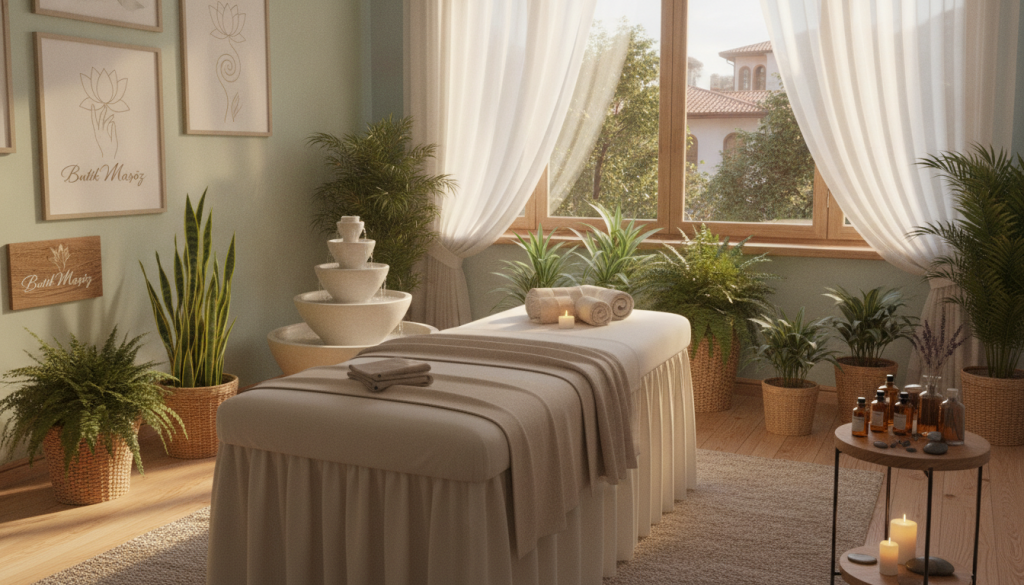 A serene and inviting massage therapy room in Beşiktaş, featuring an elegant massage table in the foreground. The table is adorned with soft, neutral-colored linens, and several essential oils are arranged neatly on a side table. In the middle ground, a calming water feature adds tranquility, surrounded by indoor plants that enhance the spa-like atmosphere. The backdrop shows a softly lit window with sheer curtains, allowing warm, natural light to filter in, creating a peaceful and soothing ambiance. The walls are painted in soft pastel shades, decorated with tasteful artwork related to wellness. The scene conveys a sense of relaxation and professionalism, emphasizing high-quality massage services. Highlight the brand "Butik Masöz" subtly within the decor.