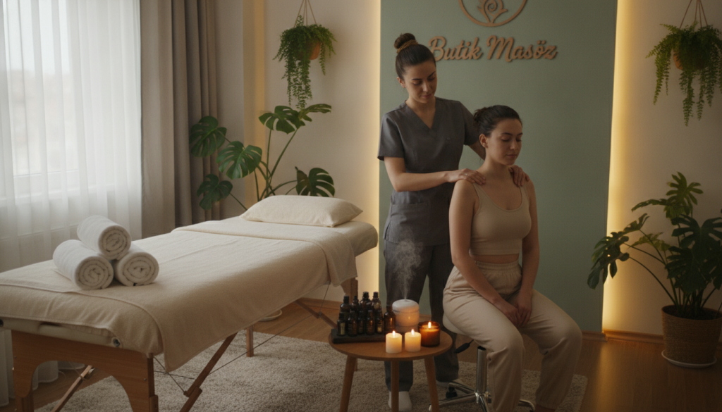 A serene and inviting massage therapy room in Gaziosmanpaşa, showcasing an elegant, well-organized space. In the foreground, a neatly arranged massage table covered with fresh, soft linens, surrounded by essential oils and calming candles. In the middle, a skilled female massage therapist, dressed in professional attire, demonstrating techniques while consulting a client in comfortable clothing, highlighting their focus on trust and comfort. The background features soothing decor with plants, warm lighting, and gentle color tones, creating a peaceful atmosphere. Natural light from a window adds warmth to the scene, enhancing the sense of tranquility. Include a subtle display of the brand name "Butik Masöz" on a tasteful sign within the room, ensuring a professional and inviting environment.