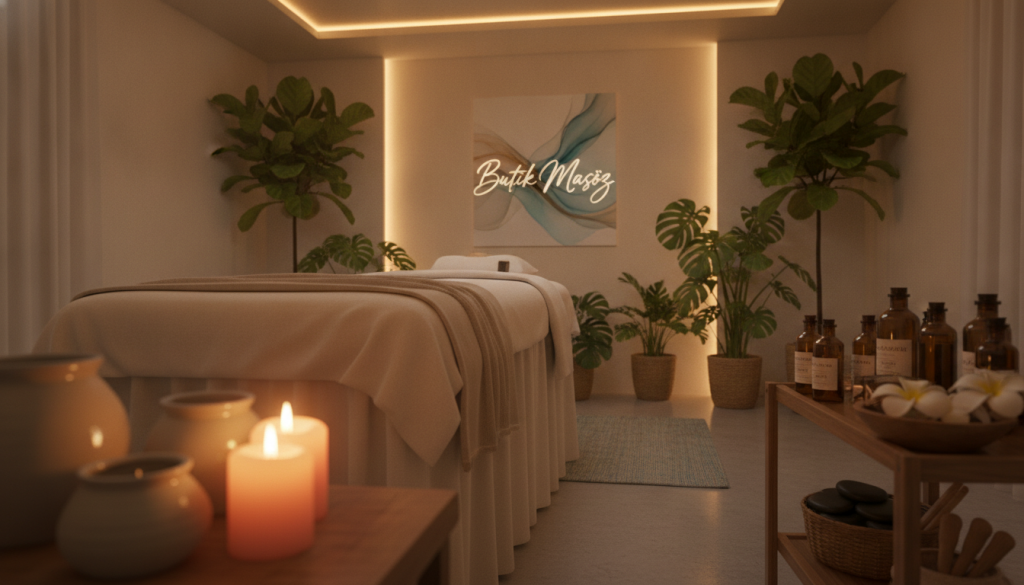 A serene and inviting massage therapy room set in Bakırköy, focusing on relaxation options. In the foreground, showcase a comfortable massage table with soft, neutral-colored linens, surrounded by aromatic candles flickering gently. The middle ground features an array of essential oils and massage tools neatly arranged, emphasizing professionalism. The background includes lush indoor plants and soft, ambient lighting that creates a calming atmosphere. The mood should be tranquil and soothing, appealing to those seeking personalized massage experiences. Include subtle branding for "Butik Masöz" on a tasteful wall art piece, ensuring it blends seamlessly into the serene setting. Use soft focus effects to soften the edges of the environment, conveying a sense of peace and relaxation.