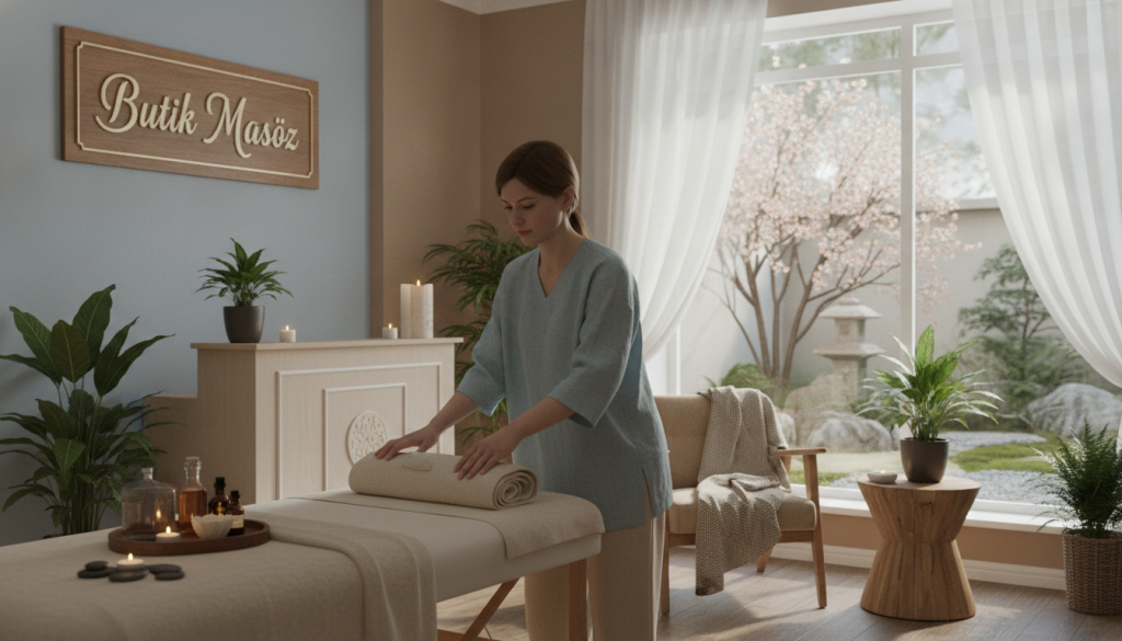 A serene and inviting massage therapy room, showcasing "Butik Masöz" branding prominently on a tasteful sign. In the foreground, a professional female massage therapist in modest casual clothing prepares her massage table, which is neatly arranged with clean linens and oils. The middle section features soft, natural light filtering through sheer curtains, illuminating calming colors like soft blues and earthy tones. A few plants and soothing decor elements, such as candles and stones, enhance the relaxing atmosphere. In the background, a large window overlooks a tranquil garden, adding to the peaceful vibe. The overall mood is serene and welcoming, inviting potential clients to feel at ease and trust in their choice of massage therapy.