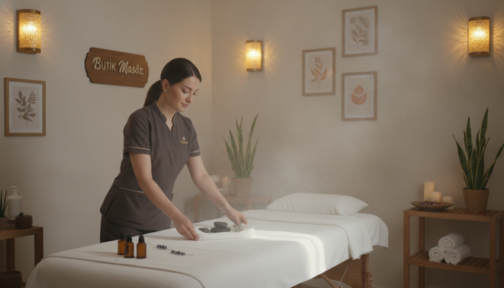 A serene and inviting massage therapy room showcasing "Butik Masöz" services. In the foreground, a professional massage therapist in modest business attire is preparing a therapeutic table, adorned with soft, clean linens and soothing essential oils. In the middle, a mist of calming lavender and eucalyptus fills the air, contributing to a tranquil atmosphere. The background features warm, ambient lighting from elegant wall sconces, enhancing the sense of relaxation. Subtle decorations like potted plants and framed art related to relaxation and wellness create a harmonious environment. The overall mood radiates professionalism and comfort, perfect for illustrating the essential services a massage therapist should offer.