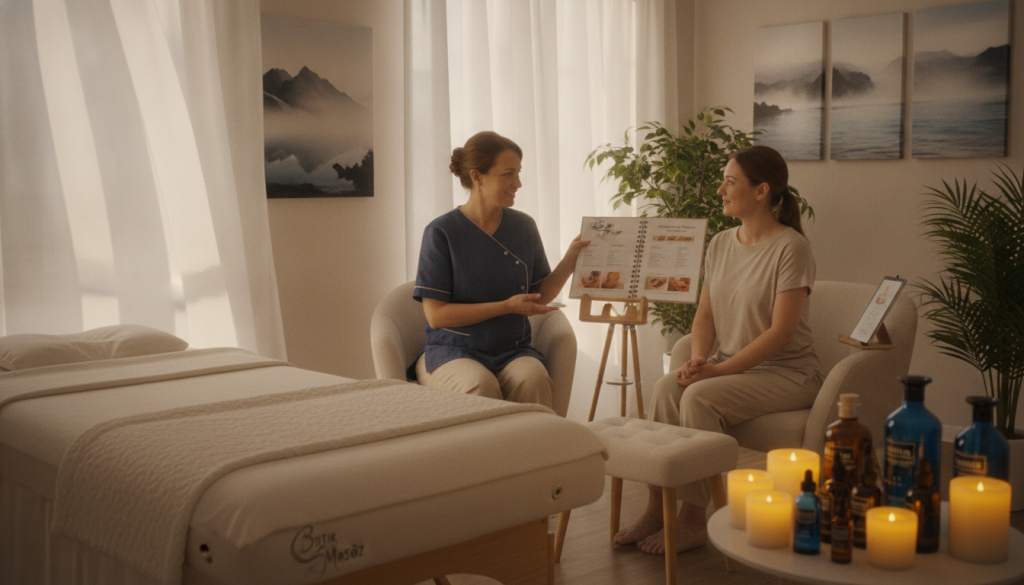 A serene and inviting massage therapy setting, showcasing the essentials for selecting a massage service. In the foreground, a neatly arranged massage table draped in soft linens, surrounded by soothing candles and essential oil bottles. The middle section features a well-organized consultation area with a professional massage therapist in modest attire, attentively discussing with a client about their needs. In the background, a calming environment with natural light filtering through sheer curtains, potted plants, and artwork depicting serene landscapes. The atmosphere evokes relaxation and professionalism, encapsulating the essence of “Butik Masöz”. Soft, warm lighting enhances the tranquil mood, with a focus on comfort and professionalism in wellness services.