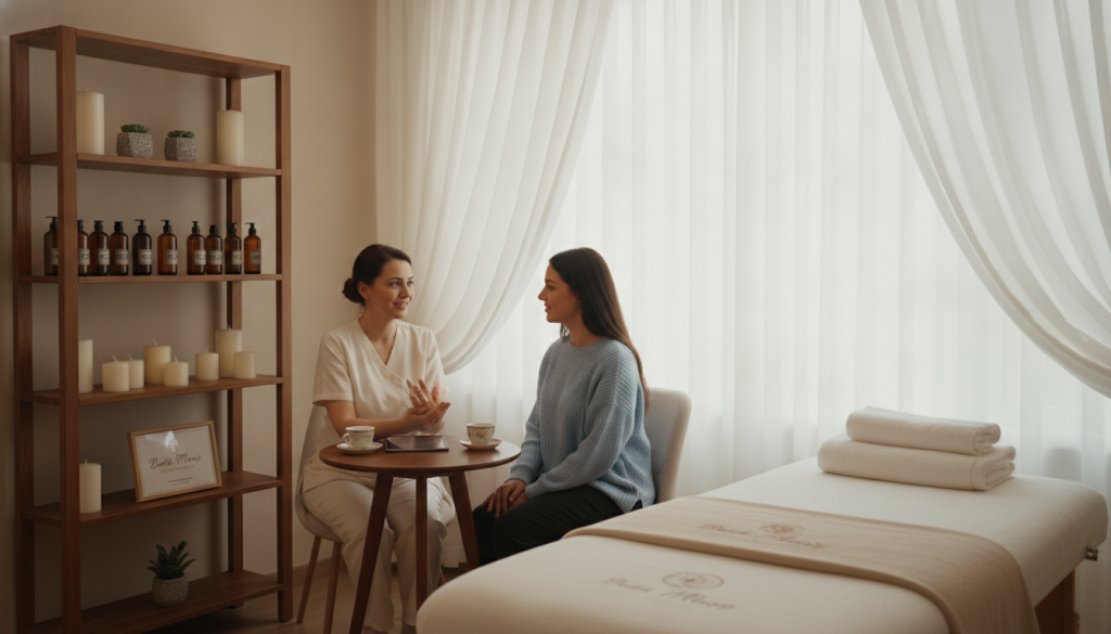 A serene and inviting room designed for a professional massage consultation, featuring soft ambient lighting that creates a calming atmosphere. In the foreground, a wellness-focused masöz wearing modest, professional attire is seated at a small, elegant table, attentively engaging with a prospective client. The client, dressed in casual yet respectable clothing, appears relaxed and open to discussion. In the middle background, shelves are lined with aromatic oils and soothing candles, while a comfortable massage table is positioned nearby, adorned with fresh towels. The room has natural light filtering through sheer curtains, contributing to a peaceful, inviting ambiance. The brand name "Butik Masöz" is subtly incorporated into the décor, ensuring professionalism is maintained throughout. The image captures the essence of an initial meeting, highlighting trust and well-being.