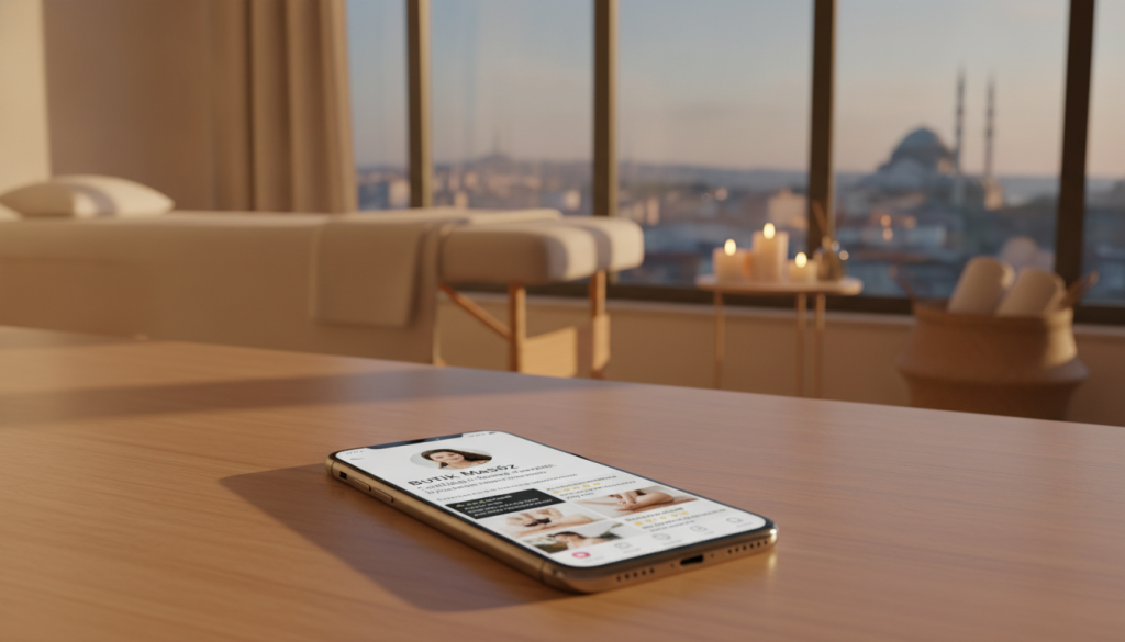 A serene and inviting social media research scene centered around "Butik Masöz" in Eyüpsultan. In the foreground, a smartphone lies on a stylish wooden table displaying a beautifully curated social media profile of a professional massage therapist, highlighting their skills and client testimonials. The middle layer features a cozy massage studio setting with soft, warm lighting, plush towels, and candles that evoke relaxation. In the background, a modern and calming cityscape of Eyüpsultan can be seen through large windows, hinting at the vibrant community. The atmosphere is tranquil, aiming to convey the essence of finding a skilled masseuse via social media in a professional manner. The overall mood is inviting, contemporary, and warm, perfect for prospective clients seeking relaxation.