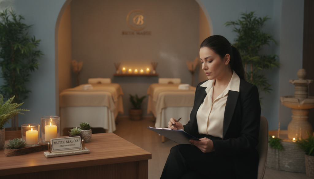 A serene and inviting spa environment representing the "Butik Masöz" brand. In the foreground, a professional masseuse in smart business attire is attentively reviewing a checklist of selection criteria for prospective clients, emphasizing qualities such as professionalism, certification, and experience. The middle ground features a calming treatment room with soft lighting, plush massage tables, and aromatic candles, creating a warm atmosphere. In the background, gentle greenery and subtle decor enhance the tranquil vibe. The scene captures the essence of professionalism and care, inspiring confidence in the selection process. The lighting is soft and warm, highlighting the massage room’s peaceful ambiance, with a focus on creating a welcoming and expert image related to massage therapy in Bayrampaşa.