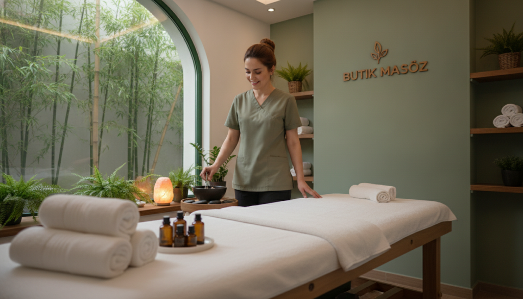 A serene and inviting spa environment showcasing a massage therapy room set up by "Butik Masöz". In the foreground, a well-organized massage table adorned with clean, soft towels and calming essential oils. The middle ground features a professional female massage therapist, dressed in modest, professional attire, preparing her tools with a warm smile, demonstrating care and expertise. Soft, ambient lighting enhances the comforting atmosphere, while peaceful greenery is visible through a large window in the background, creating a tranquil outdoor view. The overall mood should evoke relaxation and professionalism, emphasizing the importance of selecting the right massage therapist with attention to detail and care. The angle should capture the warmth and calm of the space, inviting viewers into the world of massage therapy.