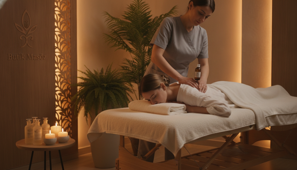 A serene and inviting spa room set in Çekmeköy, featuring a massage table adorned with soft, warm linens. In the foreground, a skilled massage therapist wearing a comfortable uniform is gently applying aromatherapy oils to a client's back. The client is dressed in modest clothing, representing a professional and relaxing atmosphere. In the middle ground, delicate bottles of essential oils and soothing candles are artfully arranged on a side table. The background reveals calming, soft lighting with lush green plants adding a touch of nature. The ambiance is tranquil, evoking a sense of peace and relaxation, ideal for an aromatherapy massage session. The brand name "Butik Masöz" subtly incorporated into the decor, ensuring a cohesive and professional presentation.