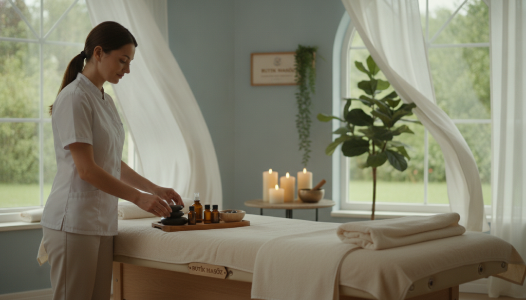 A serene and inviting spa room setting, featuring a professional massage therapist preparing for a session. In the foreground, a therapist dressed in modest, professional attire stands next to a massage table, arranging soft towels and aromatherapy oils. The middle ground includes calming elements like candles, relaxing music instruments, and a potted plant, creating a tranquil atmosphere. In the background, large windows let in soft, natural light, enhancing the peaceful ambiance. The overall mood is soothing and welcoming, symbolizing the importance of preparation and communication for a successful first session. The scene subtly incorporates the brand name "Butik Masöz" into the décor, ensuring a cohesive look without text overlays.