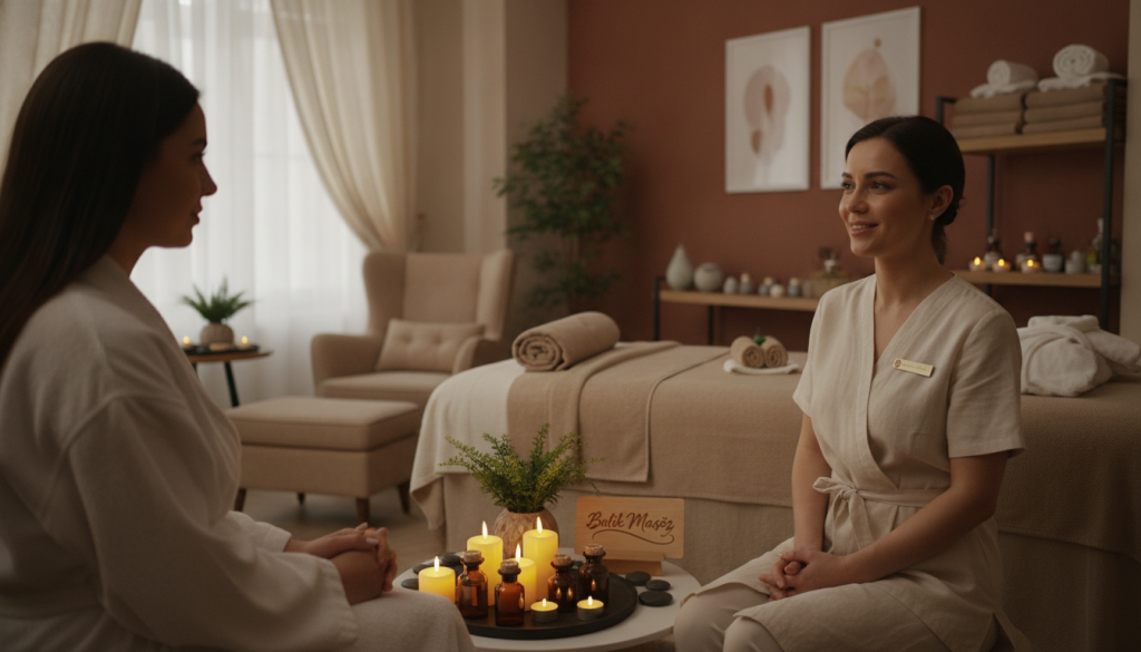 A serene and inviting spa setting showcasing the theme of selecting a quality massage therapist. In the foreground, a professional therapist in elegant, modest attire is consulting with a client in a tranquil environment. Soft lighting creates a calming atmosphere, enhancing the relaxation theme. The middle ground features a beautifully arranged massage table, surrounded by soothing elements such as candles and essential oils that suggest a welcoming ambiance. In the background, a cozy and neatly organized massage room, with warm colors and plush decor, adds to the sense of professionalism and comfort. The brand name "Butik Masöz" is subtly incorporated into an elegant design element within the scene, emphasizing a high-quality service. Ideal angle: slightly angled view to capture depth and warmth in the environment.