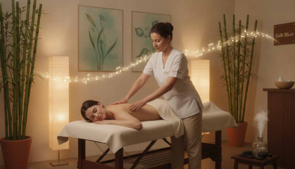 A serene and peaceful massage therapy setting, showcasing the benefits of massage. In the foreground, a professional massage therapist, dressed in modest attire, demonstrates gentle techniques on a client lying on a massage table. The therapist has a focused, caring expression, embodying the essence of relaxation and healing. In the middle, a softly lit, tranquil room filled with natural elements like bamboo plants and calming art on the walls, creating a warm atmosphere. The background features subtle lighting from lamps, enhancing a soothing ambiance, with soft music notes visually represented, adding to the atmosphere of calm. The branding "Butik Masöz" is subtly integrated into the scene, reinforcing professionalism. The entire composition conveys a harmonious and therapeutic environment emphasizing relaxation and rejuvenation.
