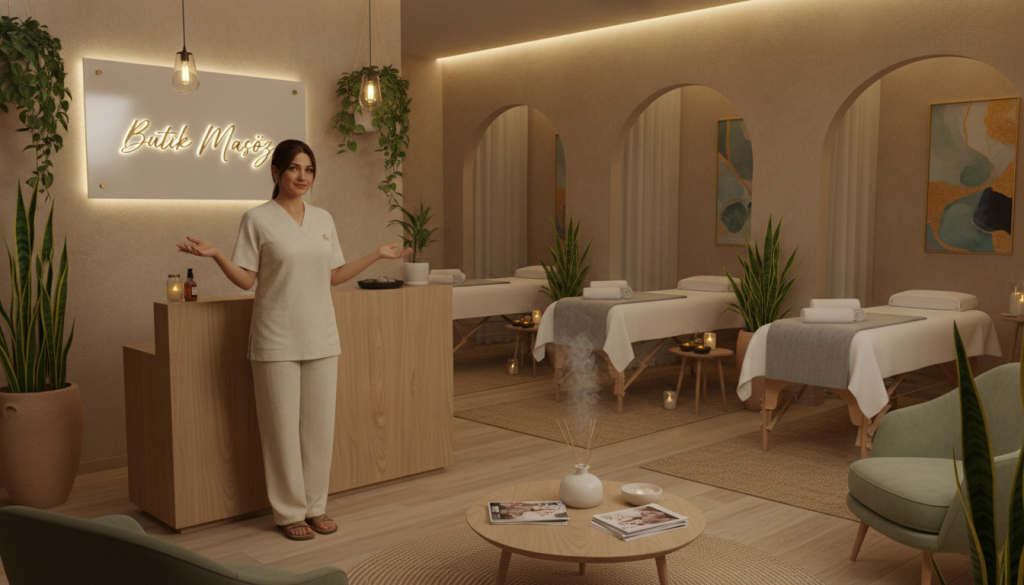 A serene and professional interior of a massage salon named "Butik Masöz," showcasing an elegant reception area with soft, ambient lighting. In the foreground, a friendly female massage therapist in modest professional attire welcomes clients, radiating a calming presence. The middle ground features massage tables set up with fresh towels and aromatic candles, evoking a soothing atmosphere. The background displays tasteful artwork and greenery, enhancing the tranquility of the space. The overall mood is relaxing and inviting, suggesting a focus on wellness and care. Capture this scene with warm lighting and a gentle depth of field, emphasizing the welcoming environment and the professional ambiance of a massage salon.