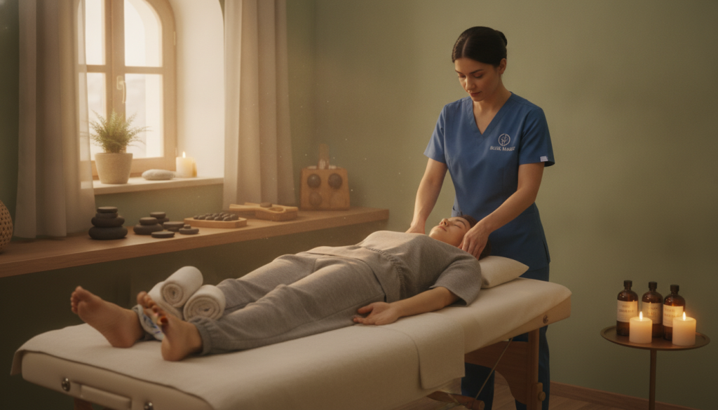 A serene and professional massage therapy room, featuring a clean massage table with soft linens and calming decor. In the foreground, a skilled massage therapist, dressed in professional attire, is gently demonstrating a technique on a client who is comfortably lying on the table, fully clothed. In the middle, ambient lighting creates a warm, inviting atmosphere, highlighting essential oils and soothing candles strategically placed around the room, emphasizing tranquility and relaxation. The background shows a shelf with various massage tools and a small window letting in soft natural light, enhancing the serene ambiance. The image conveys a sense of professionalism and wellness, showcasing the "Butik Masöz" brand.