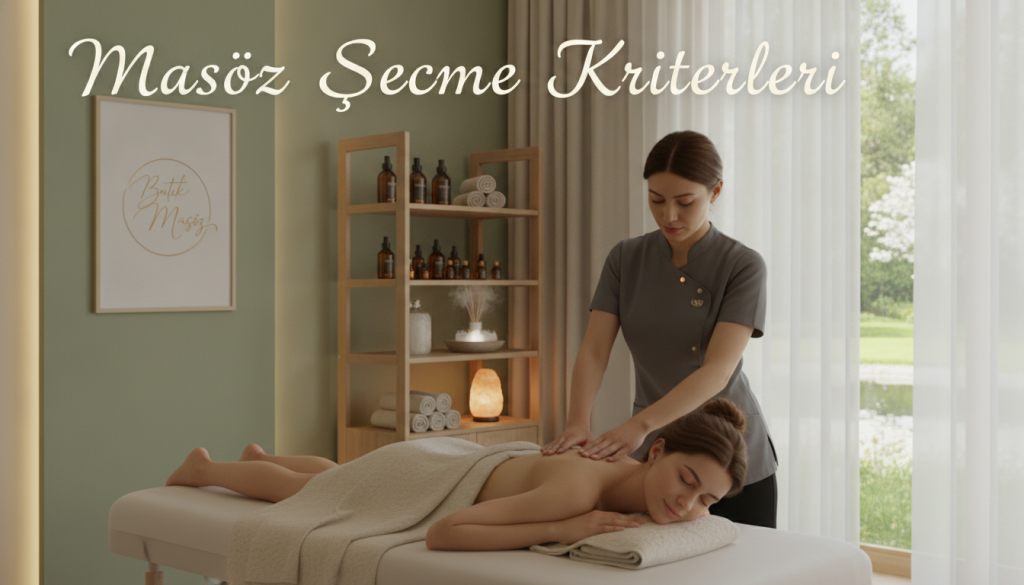 A serene and professional massage therapy setting for an article section titled "Masöz Seçme Kriterleri." In the foreground, a well-dressed female massage therapist in professional attire is demonstrating a massage technique on a client, who is comfortably draped in a modest towel. The middle ground features a well-arranged massage room with calming colors, essential oils on a neatly organized shelf, and soft ambient lighting that creates a soothing atmosphere. The background includes a peaceful window view with sheer curtains, allowing natural light to filter in, enhancing the sense of tranquility. Incorporate the brand name "Butik Masöz" elegantly within the décor. The overall mood should convey warmth, professionalism, and relaxation, emphasizing the key elements in choosing a quality massage therapist.