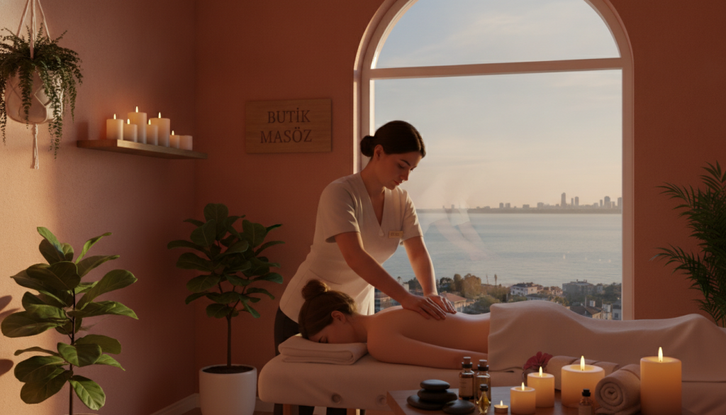 A serene and tranquil massage setting in Büyükçekmece, featuring a variety of therapeutic massage types. In the foreground, a skilled massage therapist in professional attire is demonstrating a relaxing technique on a massage table, surrounded by calming decor. The middle ground showcases a softly lit room with warm tones, including scented candles and gentle plants, creating a peaceful atmosphere. In the background, a window reveals a scenic view of Büyükçekmece’s coastline, adding depth to the environment. The lighting is warm and inviting, suggesting a soothing experience. The overall mood conveys relaxation and well-being, aligning with the theme of therapeutic benefits in massage. Include the brand name "Butik Masöz" subtly integrated into the scene, enhancing the professional ambiance without distraction.