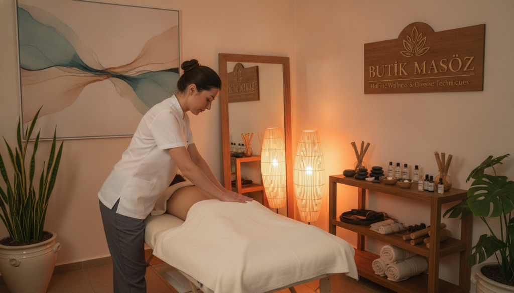 A serene and tranquil massage therapy room, beautifully arranged to showcase various massage techniques. In the foreground, a therapist in professional attire is demonstrating a relaxing massage on a client who is comfortably situated on a massage table. The middle layer features neatly organized massage tools and oils on a wooden shelf, highlighting the diverse types of massage therapies available, such as Swedish, deep tissue, and aromatherapy. The background could include soft ambient lighting, with warm tones from lamps, creating a calming atmosphere. The rooms are adorned with natural decor, like plants and calming artwork. The overall mood is peaceful and professional, inviting the viewer to experience the essence of "Butik Masöz" and the diverse massage techniques offered.
