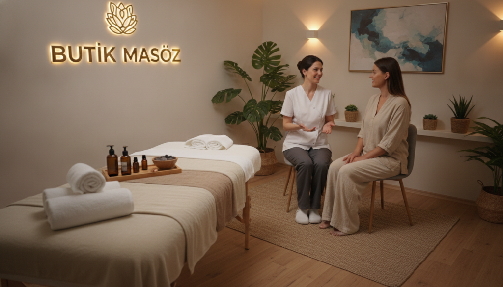 A serene and welcoming massage salon environment branded with "Butik Masöz". The foreground features a well-appointed massage table, neatly arranged with soft towels and essential oils. In the middle, a professionally dressed massage therapist is engaging in a friendly consultation with a client, both displaying relaxed and approachable expressions, dressed in modest, professional attire. Soft, warm lighting enhances the atmosphere, creating a sense of calm and trust. The background shows tranquil decor, including soothing plants and gentle art, evoking a peaceful ambiance. The image is captured from a slightly elevated angle, emphasizing both the therapist and client interaction while showcasing the inviting salon space, reflecting the importance of communication and comfort in massage therapy settings.