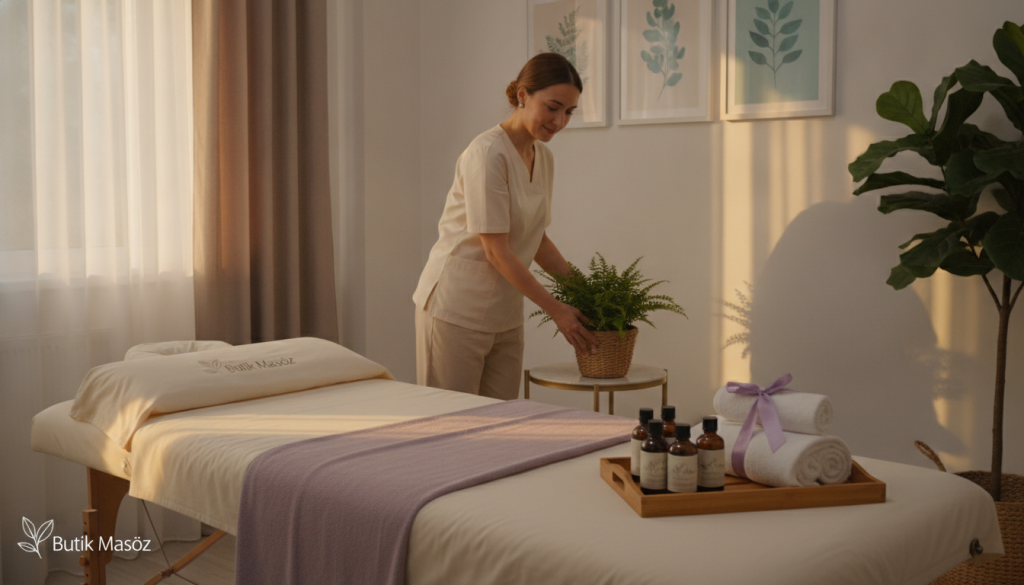 A serene home environment in Gaziosmanpaşa, illustrating the preparations for a first massage appointment. In the foreground, a massage table neatly draped with soft linens in calming colors. To the side, a soothing selection of essential oils and towels arranged artistically. In the middle ground, a professional-looking massage therapist, dressed in modest casual clothing, is setting up the room with care and attention. Soft, warm lighting illuminates the space, casting gentle shadows. The background features subtle decorations, such as plants and artwork that enhance relaxation. The overall mood is inviting and tranquil, conveying a sense of professionalism and comfort. The brand "Butik Masöz" is subtly represented through elegant branding on the massage products visible in the foreground.