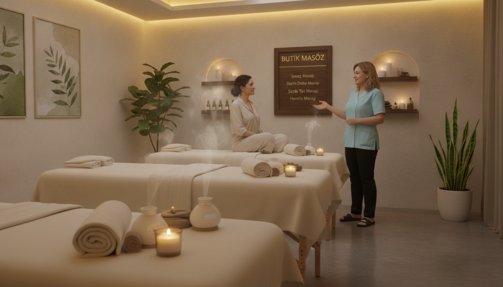 A serene interior of a massage salon named "Butik Masöz" in Çatalca, showcasing a variety of massage treatment options. The foreground features elegantly arranged massage tables with soft, neutral-colored sheets, delicate candles flickering, and aromatic diffusers releasing gentle scents. In the middle ground, a professional and welcoming massage therapist, dressed in modest casual attire, discusses with a client about the different types of massages available, conveying a sense of trust and professionalism. The background is adorned with calming artwork, lush plants, and soft lighting that creates a relaxing atmosphere. The scene is captured with a wide-angle lens, allowing viewers to feel immersed in the tranquil environment. The overall mood is peaceful and inviting, emphasizing relaxation and wellness.