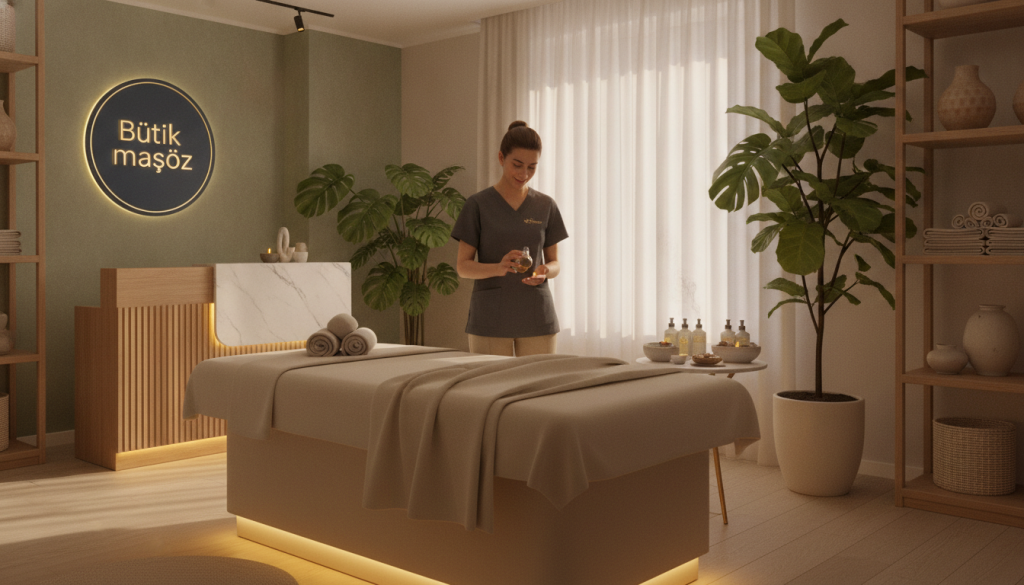 A serene, inviting interior of a massage salon in Arnavutköy, featuring the logo "Butik Masöz" prominently displayed on a stylish reception desk. In the foreground, a beautifully arranged massage bed with soft, relaxing linens and ambient lighting creates a calming atmosphere. In the middle ground, a professional massage therapist in modest casual attire is preparing oils, conveying a sense of expertise and care. The background showcases lush indoor plants and tasteful decor, enhancing the tranquil environment. The lighting is warm and soft, highlighting the natural colors of the space, aimed at promoting relaxation and comfort. The overall mood is peaceful and welcoming, perfect for illustrating the search for the best massage therapists in Arnavutköy.