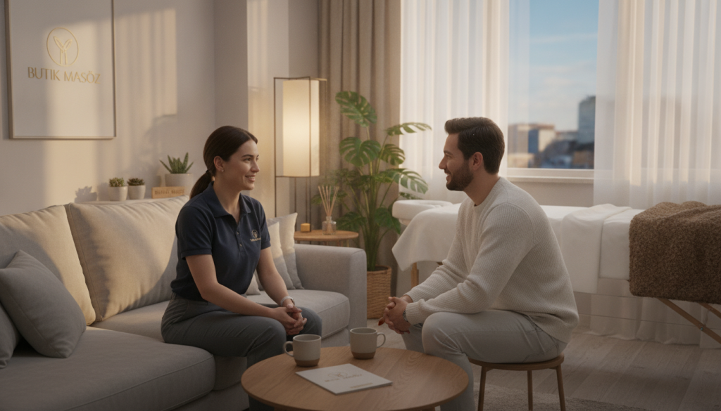 A serene living room in an apartment setting, depicting a professional massage consultation. In the foreground, a massage therapist in professional attire, such as a smart polo shirt and comfortable pants, is engaged in a friendly conversation with a client seated comfortably on a plush couch. The middle ground features a soothing massage table adorned with soft linens, surrounded by calming decor such as plants and dim lighting. In the background, a window filters warm, natural light, creating a welcoming atmosphere. The overall mood is relaxed and professional, perfect for illustrating the communication aspect of selecting a masöz. The brand name "Butik Masöz" subtly integrated into the decor conveys trust and professionalism.