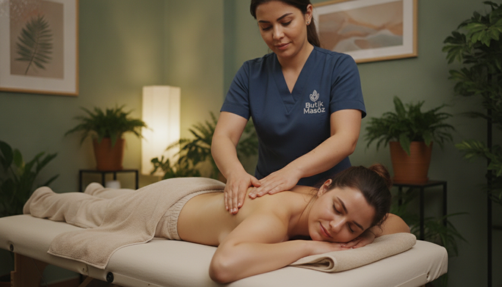 A serene massage therapy session at "Butik Masöz" in Güngören. In the foreground, a calm client in modest, casual attire lies on a comfortable massage table, eyes closed, visibly relaxed. The middle features a professional massage therapist, wearing a professional uniform, skillfully performing a soothing back massage, demonstrating expertise and care. The background showcases a peaceful spa environment with soft green plants, dim lighting, and tranquil artwork on the walls, creating a harmonious atmosphere. Soft, warm lighting casts gentle shadows, enhancing the relaxing mood. A close-up angle captures the therapist's focused expression, highlighting the importance of health benefits associated with massage therapy. The overall composition evokes a sense of tranquility and wellness, perfect for illustrating the health advantages of massage.