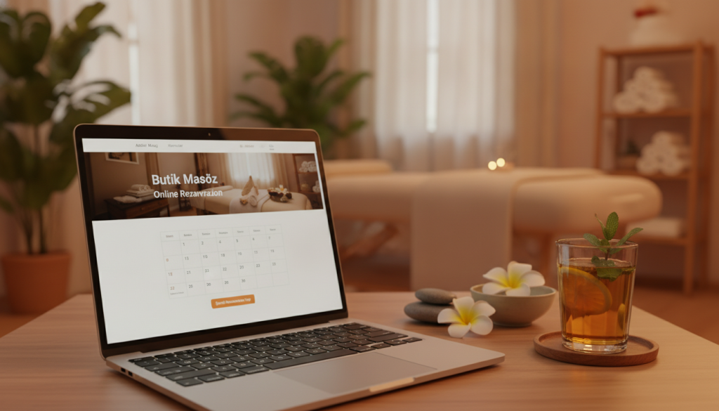 A serene spa environment featuring a sophisticated online booking interface for "Butik Masöz". In the foreground, a sleek laptop displaying the booking page, embellished with an inviting image of a tranquil massage room. In the middle ground, a calming glass of herbal tea rests beside the laptop, symbolizing relaxation. The background showcases a softly lit massage room, adorned with lush plants and neatly arranged towels, exuding a sense of peace and tranquility. Utilize warm, diffused lighting to create an inviting atmosphere, capturing a cozy and professional essence. The camera angle is slightly above eye level, focusing on the laptop while emphasizing the ambiance of the spa. The overall mood is calm and welcoming, perfect for illustrating how to book a massage in Adalar.