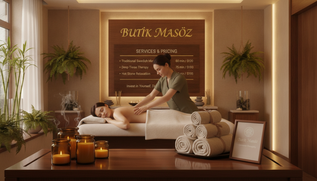 A serene spa environment showcasing "Butik Masöz" with a focus on the massage services offered. In the foreground, a neatly arranged table with luxurious spa towels and aromatic candles, suggesting relaxation and comfort. In the middle ground, a professional masseuse, dressed in modest, professional attire, demonstrates a massage technique on a client lying comfortably on the treatment table. The background features soft lighting, with warm tones illuminating the space, accentuating the calming atmosphere of the spa. Gentle greenery and elegant decor elements create an inviting and tranquil vibe, enhancing the sense of wellness. The overall mood is peaceful, promoting relaxation and the importance of self-care, while highlighting the pricing and service options available.