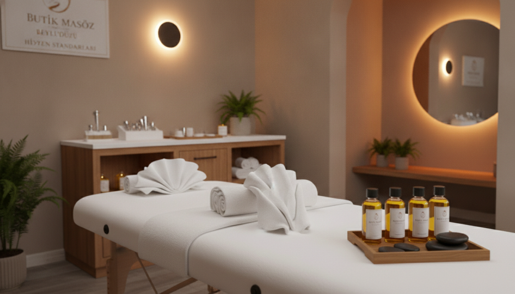 A serene spa environment showcasing the high hygiene standards of "Butik Masöz" in Beylikdüzü. In the foreground, a clean and neatly arranged massage table draped with fresh towels, accompanied by aromatic oils in elegant containers. The middle ground features a well-organized treatment area with calming decor, including indoor plants, soft lighting, and sanitized tools neatly displayed. The background includes a tranquil atmosphere with soft, warm lighting creating a relaxing ambiance, emphasizing cleanliness and professionalism. Capture the mood of relaxation and safety, highlighting the spa's commitment to hygiene. Use a soft-focus lens to enhance the soothing effects, with a balanced angle that shows the full treatment area without any people present, ensuring a focus on the spa environment itself.