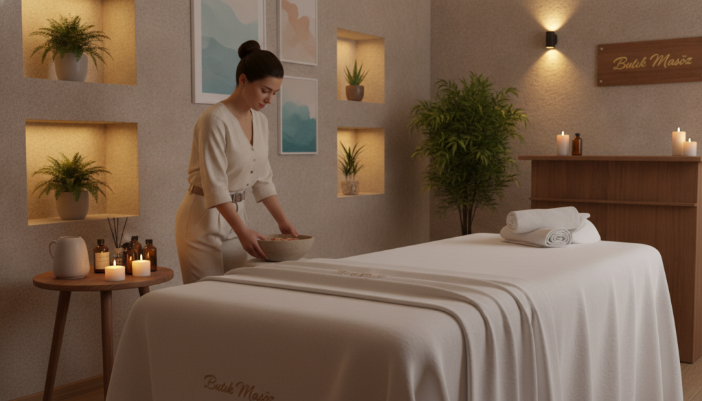 A serene spa room setting in Arnavutköy, elegantly decorated for a massage preparation scene. In the foreground, a professional massage table adorned with crisp white linens and plush towels. A small, inviting table displays essential oils and soothing candles softly flickering with warm light. In the middle ground, a skilled massage therapist, dressed in smart casual attire, is preparing the space, ensuring a calming atmosphere. In the background, gentle ambient lighting highlights delicate spa décor, such as plants and calming artworks. The overall mood is tranquil and inviting, suggesting a perfect sanctuary for relaxation. The brand name "Butik Masöz" is subtly integrated into the decor, enhancing the professionalism of the scene.