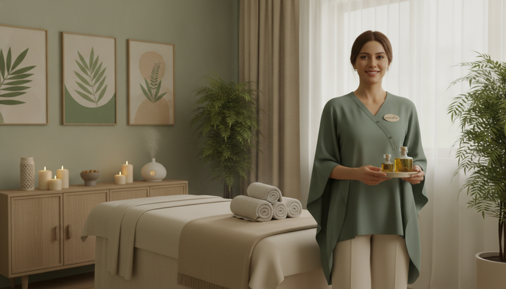 A serene spa setting in a beautifully decorated massage room, featuring a calming color palette of soft greens and warm beige tones. In the foreground, a professional masseuse, dressed in a smart, modest outfit, stands confidently with a welcoming smile, holding essential oils. On a massage table in the middle ground, fresh towels and aromatic candles create a relaxing atmosphere. The background showcases elegant plants and soothing artwork on the walls, enhancing the tranquil vibe. Soft, diffused lighting fills the space, casting gentle shadows and highlighting the peaceful ambiance. This image embodies the essence of "Butik Masöz" and conveys the criteria for choosing a professional massage therapist, representing trust, relaxation, and professionalism.