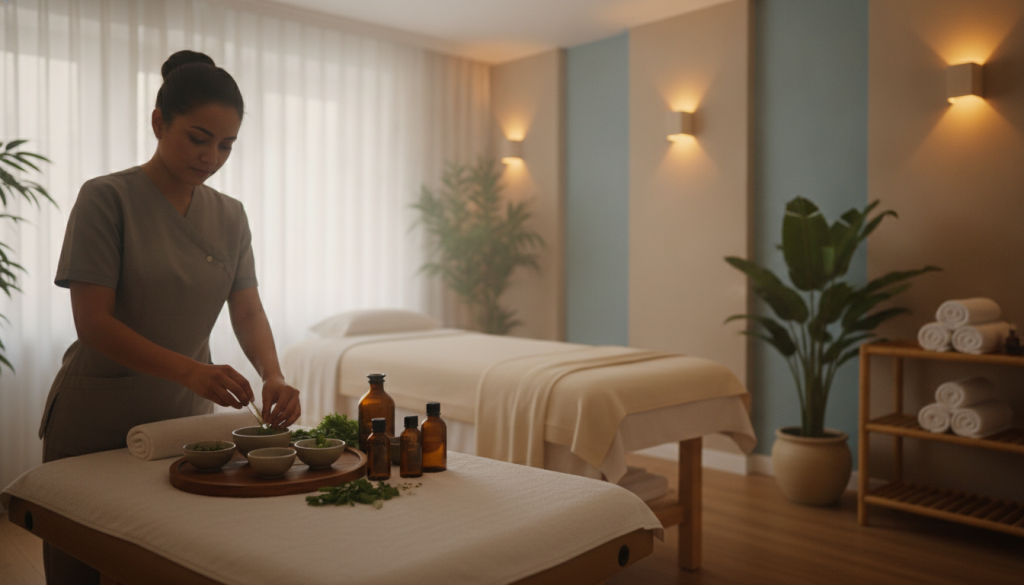 A serene spa setting showcasing "Butik Masöz" in Fatih, featuring a calm and inviting ambiance. In the foreground, a professional massage therapist in modest, professional attire is preparing massage oils on a neatly arranged spa table. The middle ground highlights a tranquil massage room adorned with soothing colors, gentle lighting, and elegant decorative elements like plants and soft towels. In the background, soft light filters through sheer curtains, creating a warm, relaxing atmosphere. The composition should evoke feelings of peace and relaxation, ideal for someone seeking massage therapy options. Utilize a soft focus lens effect to enhance the calming mood, ensuring no text or branding is visible.