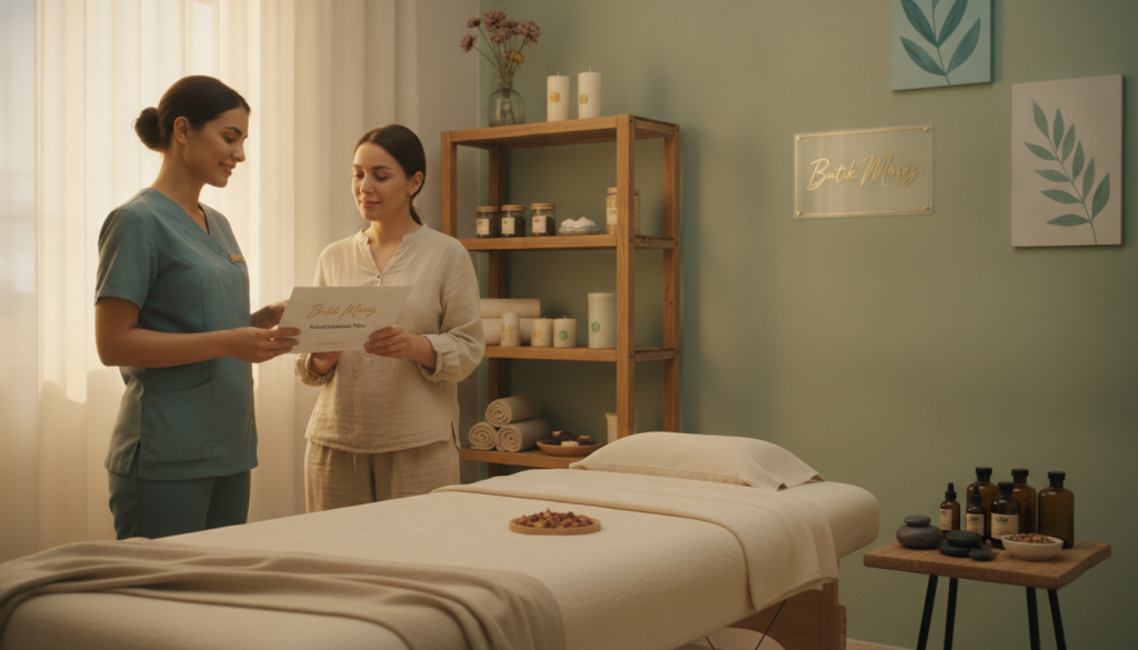 A serene spa setting showcasing a cozy and inviting massage room with soft lighting. In the foreground, a neatly arranged massage table draped with fresh linens, adorned with calming essential oils. To the left, a friendly female massage therapist in modest professional attire, smiling gently as she discusses various budget-friendly massage options with a curious client. The middle ground features shelves displaying relaxation items like scented candles and herbal teas, while the background showcases tranquil soft colors and subtle nature-themed artwork. The atmosphere is peaceful and relaxing, conveying a sense of comfort and professionalism, emphasizing the brand 'Butik Masöz'. Light filters through sheer curtains, creating a warm and calming ambiance.