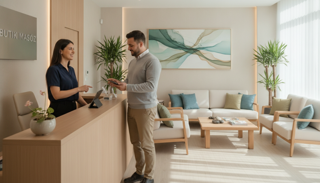 A serene waiting area in a professional massage clinic, showcasing "Butik Masöz." In the foreground, a well-organized reception desk with a friendly receptionist in professional attire, smiling at a client adjusting an appointment. In the middle ground, comfortable seating with soft cushions, light wood finishes, and calming decor, creating a welcoming atmosphere. The background features an elegant wall with calming artwork and softly lit plants, enhancing the soothing mood. Soft natural lighting pours in through large windows, casting warm shadows. A subtle depth of field effect draws attention to the interaction at the reception, emphasizing the smooth appointment booking process in a relaxing environment.