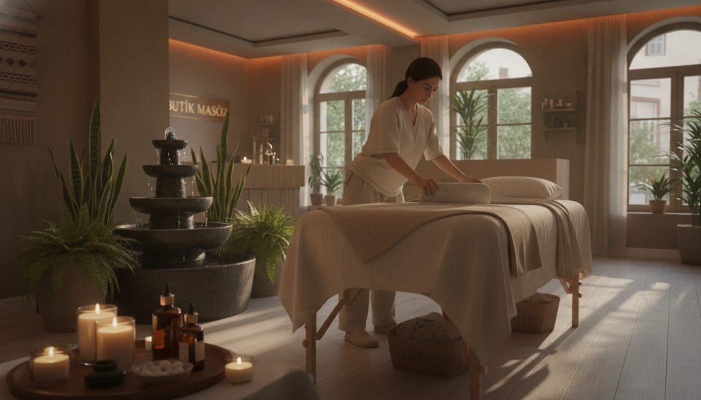 A tranquil and inviting atmosphere of a massage salon, "Butik Masöz" in Arnavutköy, showcasing a serene interior. In the foreground, a massage table draped in soft, neutral linens, surrounded by elegantly arranged candles and soothing essential oils. The middle ground features a calming water fountain and potted plants, enhancing the peaceful ambiance. In the background, large windows allow natural light to filter in, casting gentle shadows and illuminating the space. The scene evokes a sense of relaxation and comfort, ideal for a massage therapy environment. Soft, warm lighting creates an intimate mood, while a professional masseuse in modest casual attire is preparing the space, focusing on creating a welcoming environment.